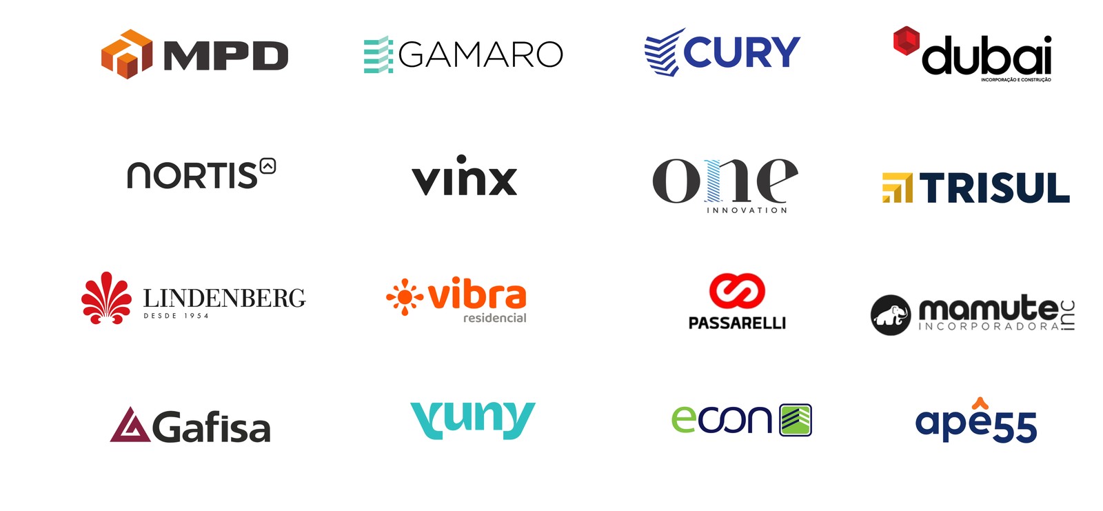 Logos de clientes: MPD, Gamaro, Cury, Dubai Incorporadora, Nortis, Vinx, One Innovation, Trisul, Lindenberg, Vibra Residencial, Passarelli, Mamute Incorporadora, Gafisa, Yuny, Econ, Apê55